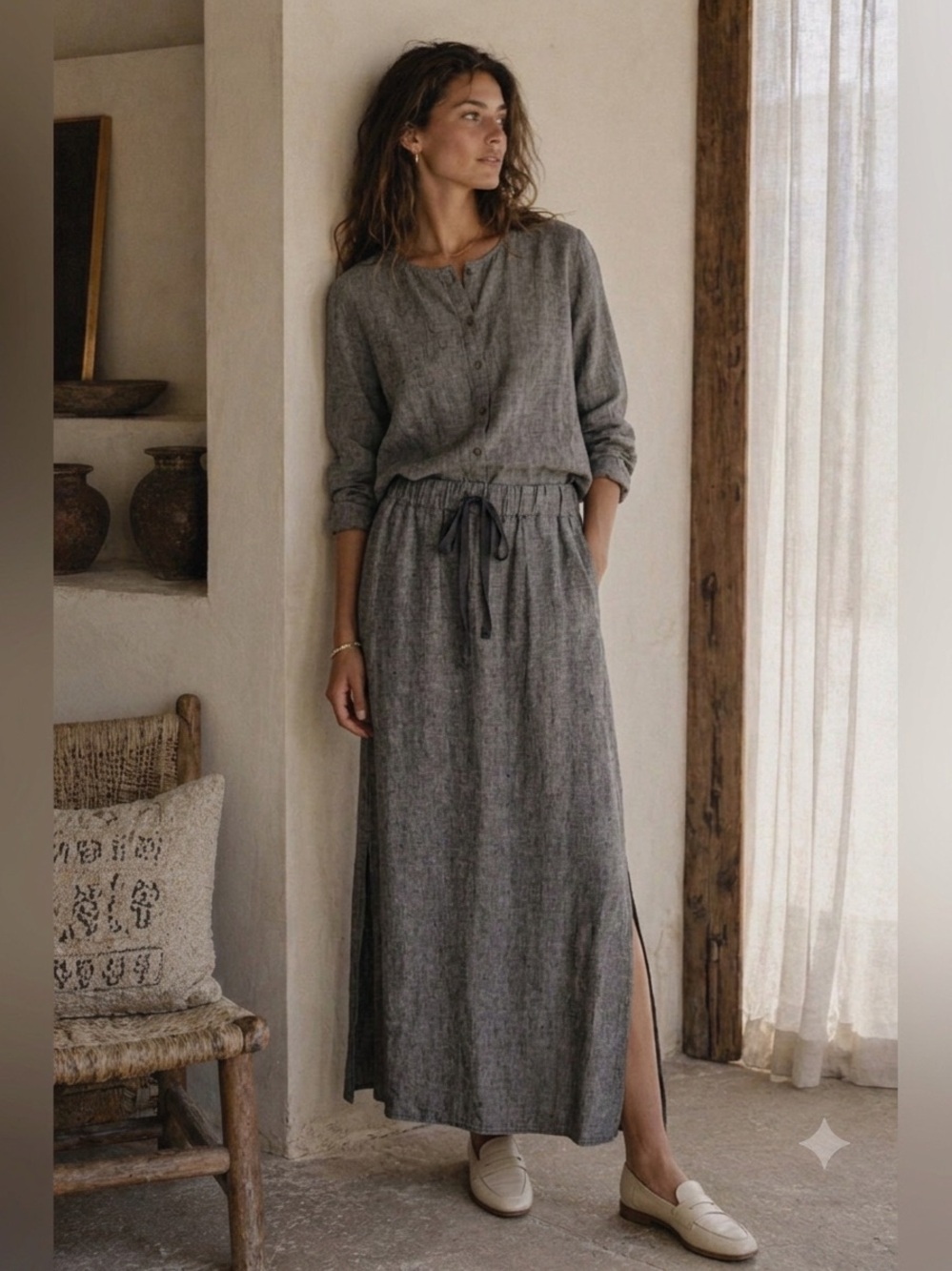 Max Studio linen maxi skirt side slits pockets drawstring waist - Picture 3 of 16